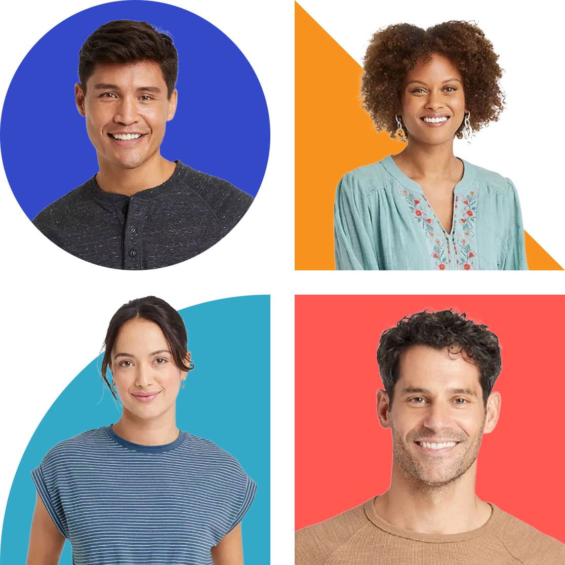 Four smiling individuals featured within colorful background segments, representing a diverse and happy group of people.